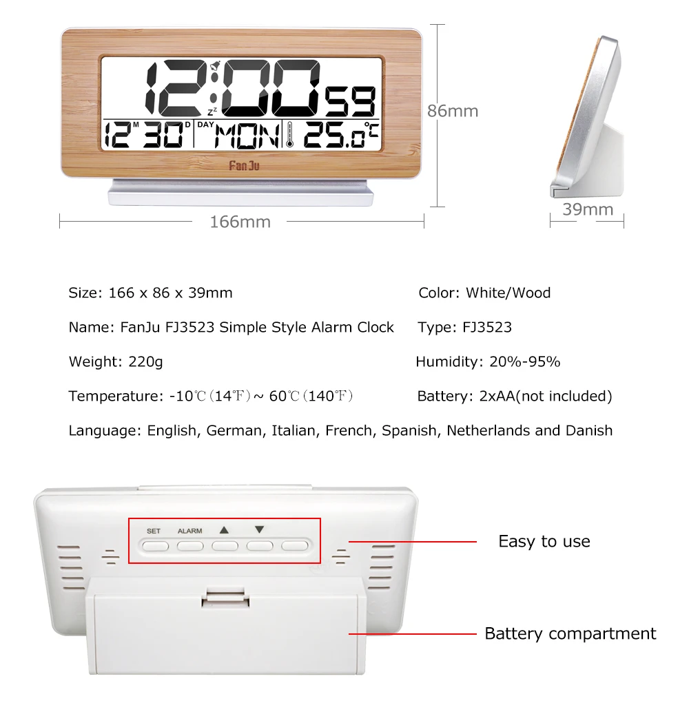 FanJu FJ3523 цифровой будильник светодиодный электронный 12 H/24 H будильник и функция повтора сигнала термометр Подсветка настольные часы