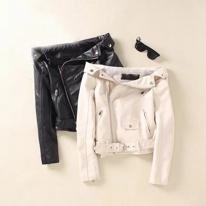 Women Sexy White Black Off Shoulder Zipper Motorcycle Short Jacket Slim Punk Rock Faux PU Leather Jacket Coats Coats