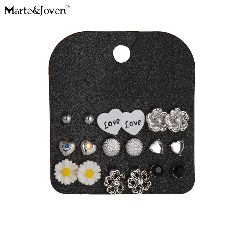 

Marte&Joven 9 Pairs/sets Silver Plated Love Heart Stud Earrings Sets For Girls White Daisy Flower Earring Set Wholesale