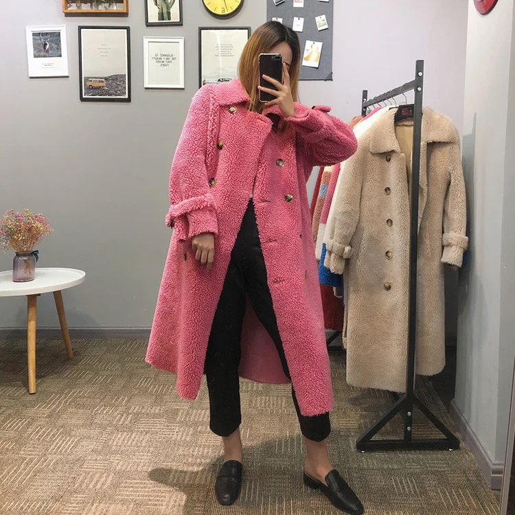 

2019 winter women fashion lamb wool long coats double breasted belt plus size loose sheep shearing outerwear b182