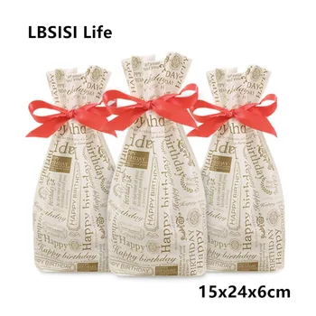 

LBSISI Life 50pcs Plastic Drawstring Bag Gold Happy Birthday Cookie Snack Candy Bag Birthday Party Wedding Decor Gift Bags