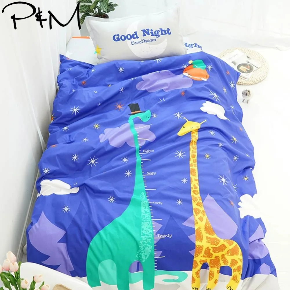 

2019 Blue Dinosaur Giraffe INS Bedlinens Twin 3pcs Set Duvet Cover Set Soft Cotton Fabric Bedding Set Flat Sheet Pillowcases