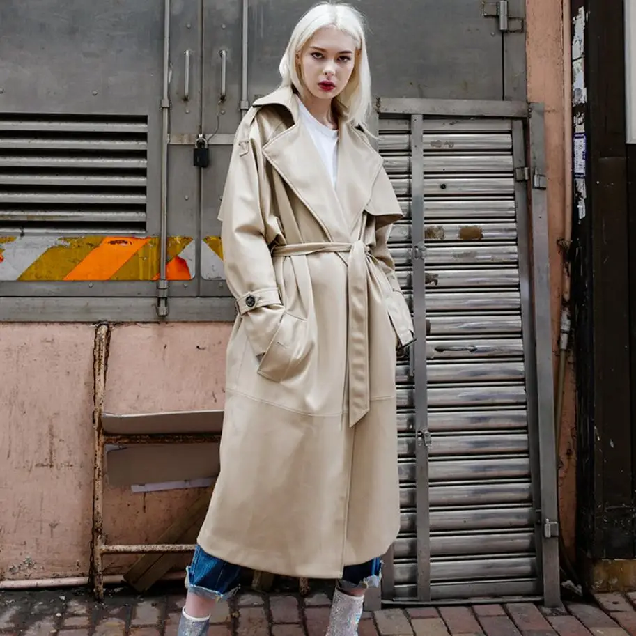 

2019 autumn fashion new women PU windbreaker jacket female long coat patent leather slim was thin lace up leather outwear L1194