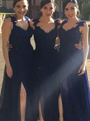 2019 длинные трапециевидные платья для подружки невесты с ремни бисером кружева аппликации темно-синий сексуальный разрез женские родная