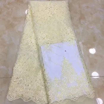 

2019 high quality sequence French Nigerian sequins net lace,African tulle mesh sequence lace fabric for dress 5yards/lot yellow