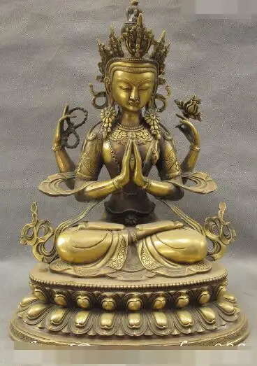 

S5490 18 Tibet Buddhism Bronze 4 Hands Chenrezig Avalokiteshvara Buddha GuanYin Statue