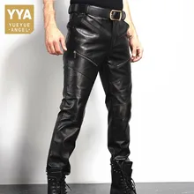 Зимние мужские из натуральной овечьей кожи; штаны из натуральной кожи на молнии; Байкерская посадки длинные брюки прямые теплые Подкладка из флиса штаны 36