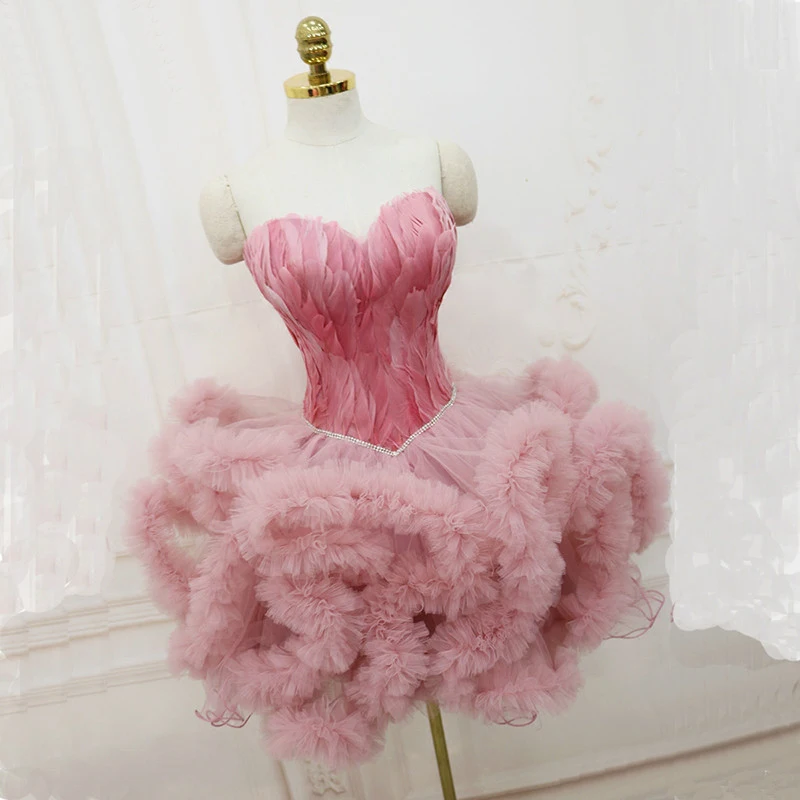 AXJFU розовые вечерние платья, короткие вечерние платья принцессы с перьями, пышные вечерние платья для сестер на день рождения