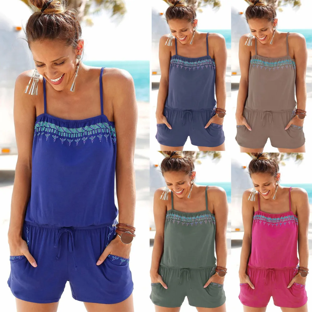 Sexy Sleeveless jumpsuit shorts romper summer women pockets backless
