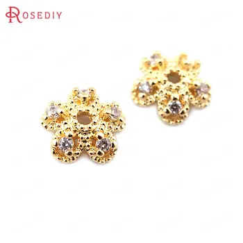 

(33664)10PCS 7MM height 2.5MM 24K Gold Color Brass with Zircon Flower Beads Caps High Quality Diy Jewelry Findings Accessories
