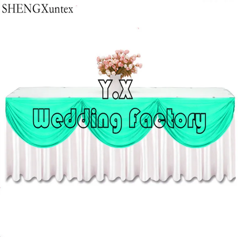 

Hot Sale White Color Ice Silk Table Skirt With Color Swags For Wedding Decoration
