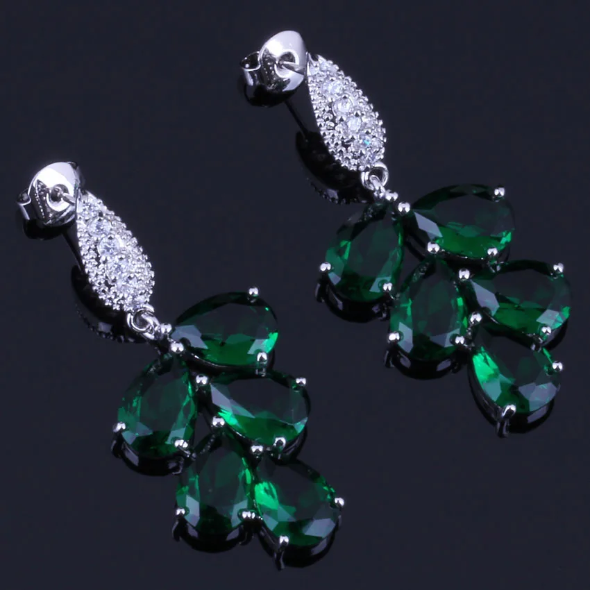 Romantic Big Green Cubic Zirconia White CZ Silver Plated Drop Dangle Earrings V0340 | Украшения и аксессуары