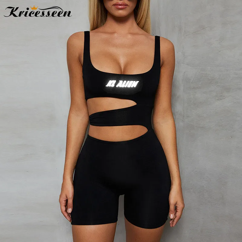 

Kricesseen Black Cut Out Sexy Backless Playsuit Casual Fitness Summer Bodycon Jumpsuit Romper Women Body Stretchy Short Jumpsuit
