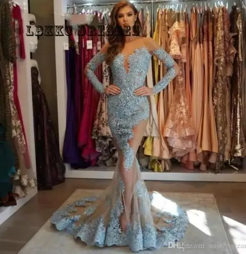 

Lace Applique Mermaid Evening Dress long sleeve 2019 Celebrity Party Prom Gowns Formal Evening Gowns Dresses Abendkleider