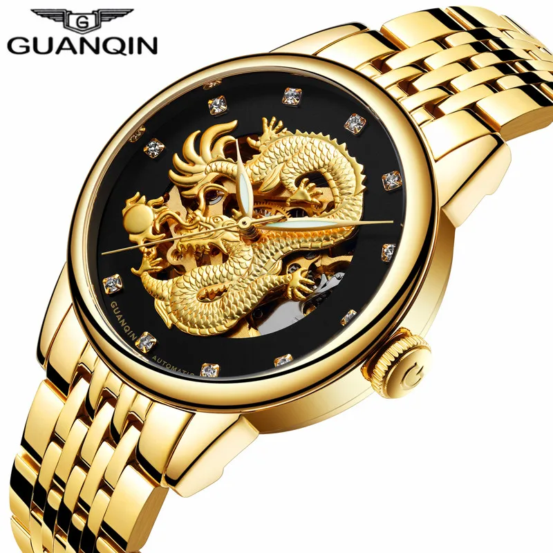 Оригинал GUANQIN montre homme Скелет Золотые мужские часы с драконом Мужские Бизнес