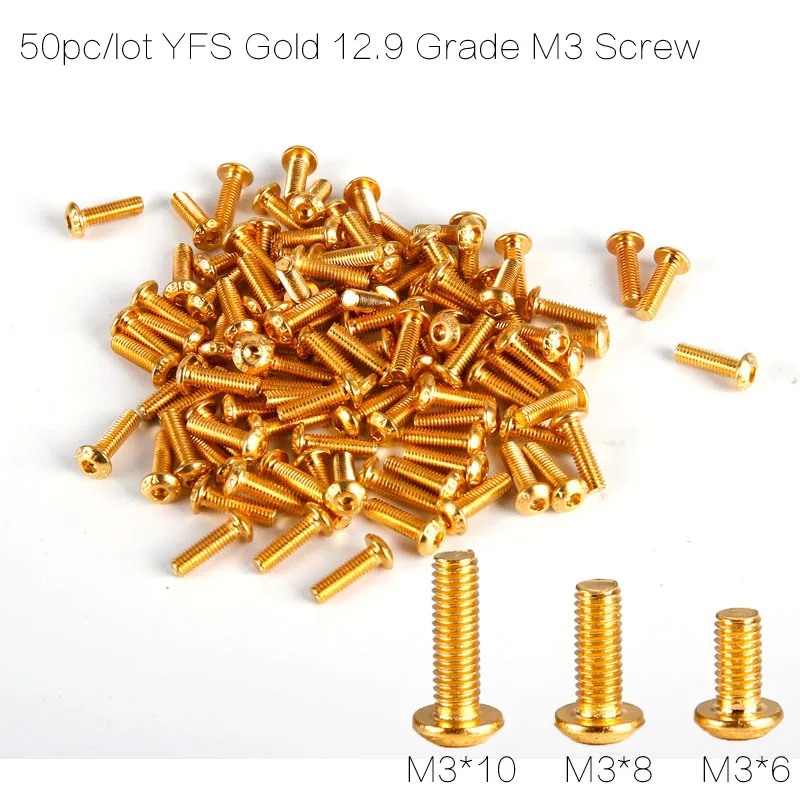 

50pcs/lot Gold YFS 12.9 Grade M3 screw M3*6 M3*8 M3*10 M3*14 M3 *12 Hexa Socket head cap screws SHCS for FPV Racing Drone