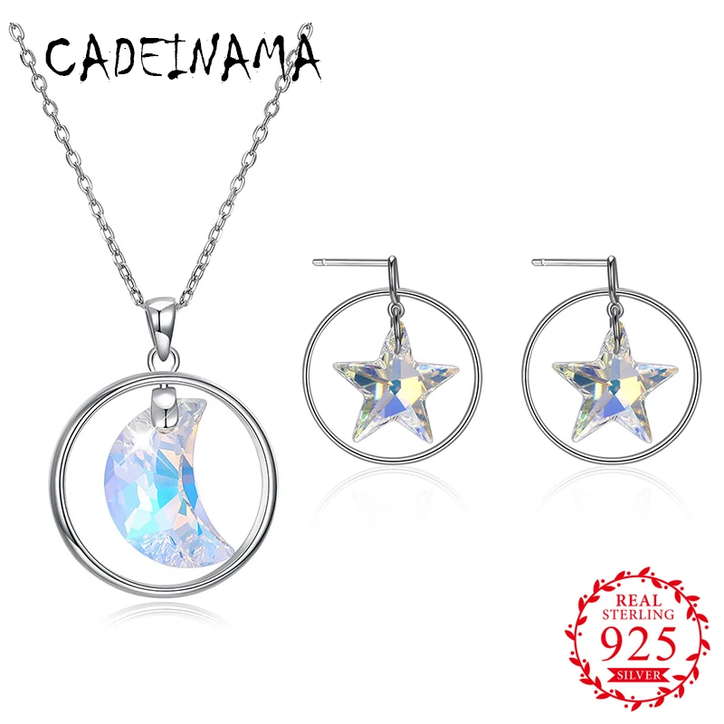 

CADEINAMA Luxury 925 Sterling Silver Pendant Necklace Stud Earrings Moon Star Set Austria Crystal Girl Women Fine Jewelry Office