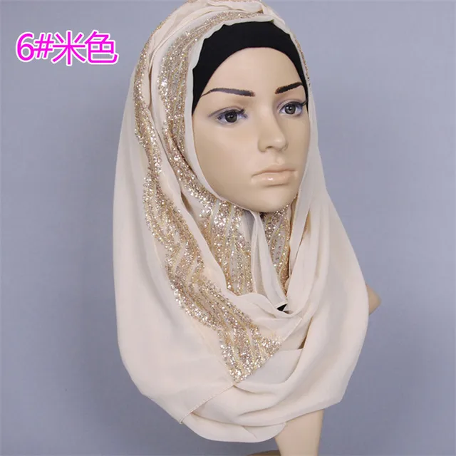 Islamic Chiffon Women S Scarf Hijab With Gold Diamonds High Quality Turban Muslim Scarf Long