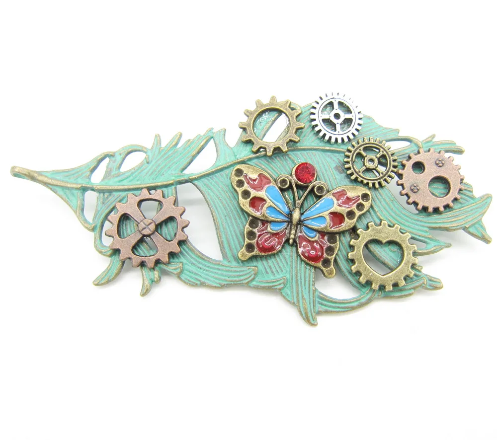 

2018 Cykopv Original Design Vintage Green Feather with DIY Gears Steampunk Broach