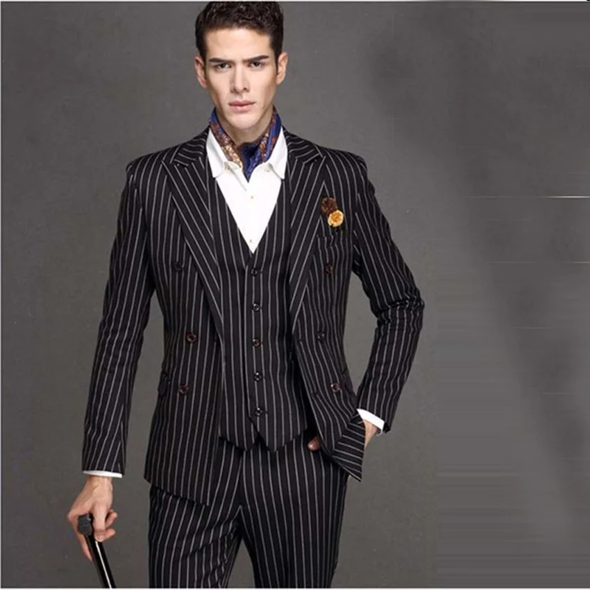 

Groomsmen Peak Lapel Groom Tuxedos Black with White Stripe Men Suits Wedding Best Man Blazer (Jacket Pants Vest)