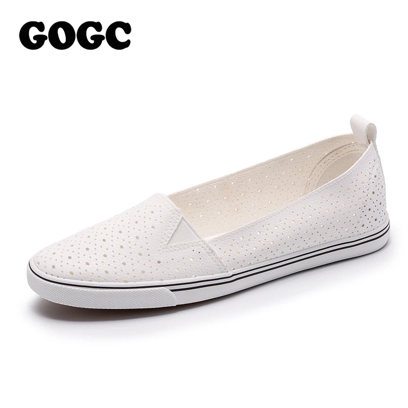 Meilleur GOGC 2019 Nouveau Slipony Femmes Trou Chaussures Respirant Doux Femmes Appartements Chaussures Vulcanisé Slip sur Dames En Cuir Chaussures Femmes Sneakers
