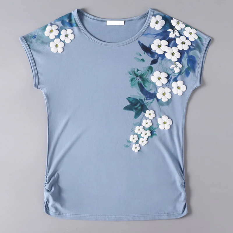 

blue Large size 4XL Short sleeve Tops T-shirt women Chinese Style Cotton Print T-shirt women 2019 summer new Loose O-Neck Tops