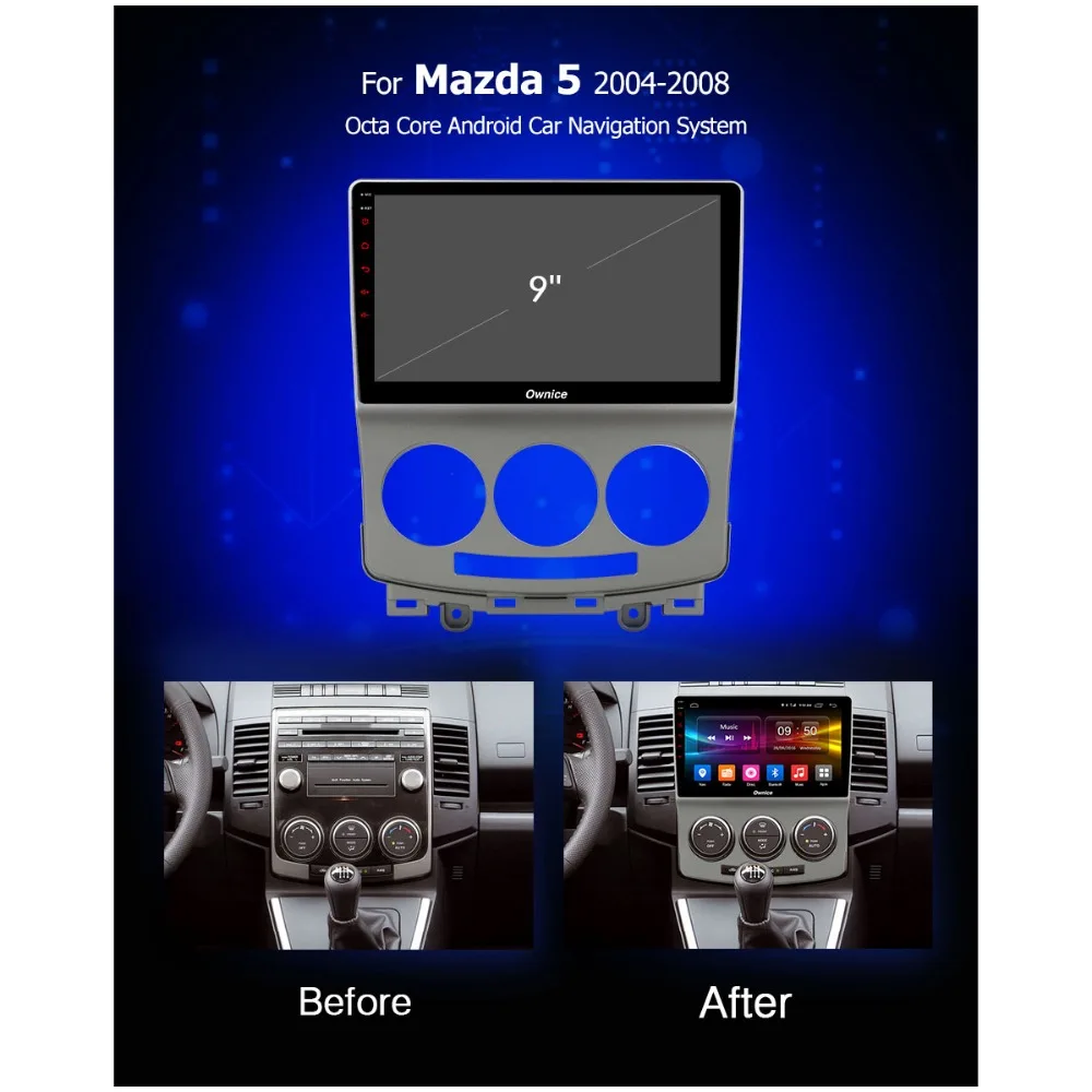Excellent 9" IPS 8Core 4G+32G Android 9.0 Car DVD Multimedia Player for Mazda 5 Mazda5 2004-2010 GPS Radio Navigation DSP CarPlay 4G WiFi 2