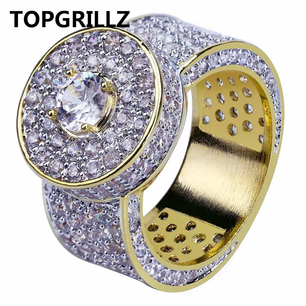 TOPGRILLZ Gold Color All Iced Out Big Stone Micro Pave Cubic Zircon Ring 7 8 9 10 11 Five Sizes Rings Hip Hop Jewelry For Male