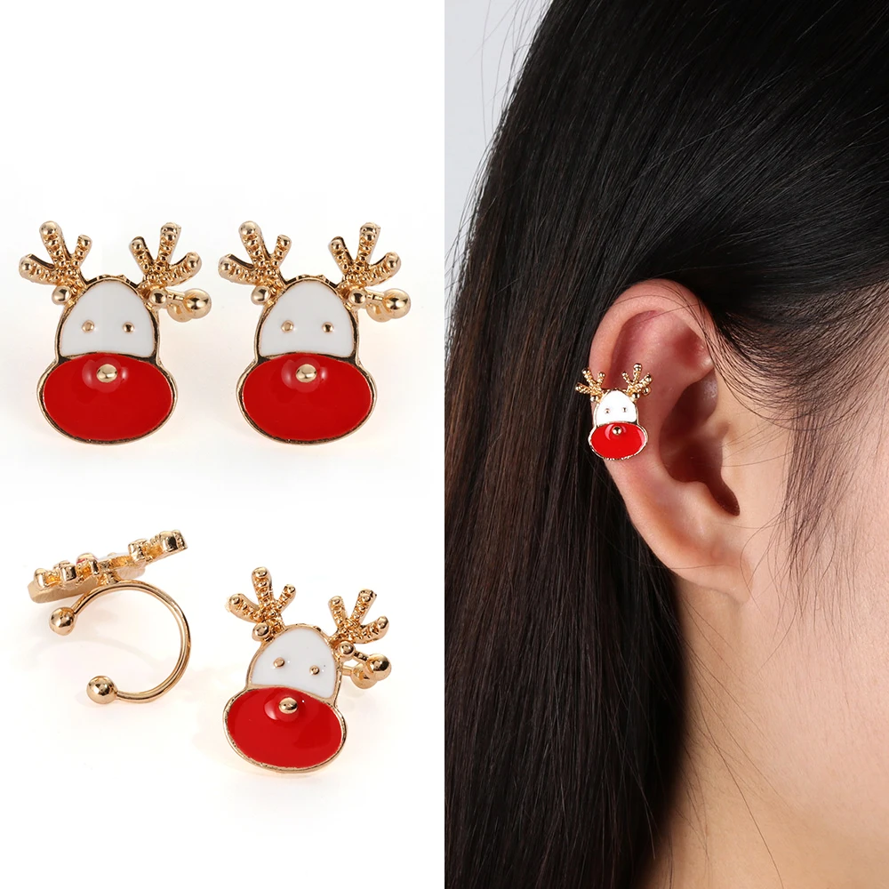 1Pair No Pierced Christmas Cuff Earrings Snowman Santa Claus Box Bell
