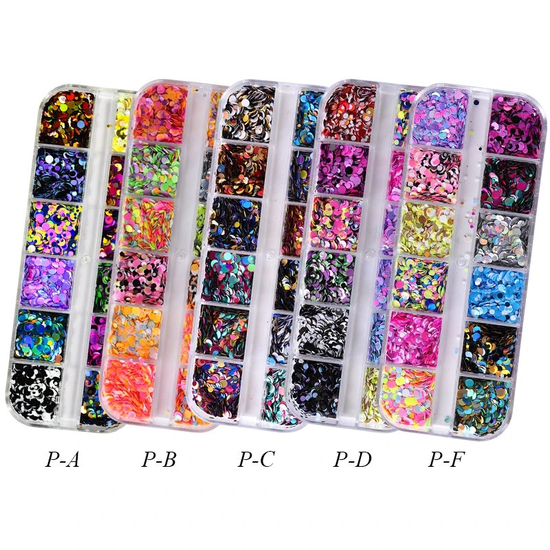 12 شبكات مختلط اللون جولة مسمار بريق رقائق 1/2/3 مللي متر 3D الترتر شىء صغير براق مسحوق سحر مسمار الفن الديكور مانيكير CHPA-F-1