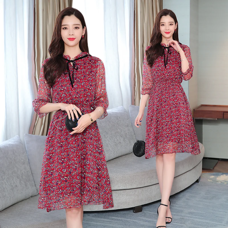 

Summer Print Girl Party Dress Women Red Elegant Office Lady Beach Dress Vacation Midi Vintage Retro Casual Korean Runway Vestido