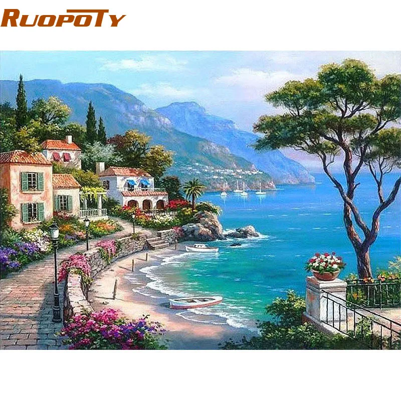 RUOPOTY рамка Средиземноморское море DIY картина по номерам морской пейзаж Ручная роспись маслом картина на стену для дома для гостиной