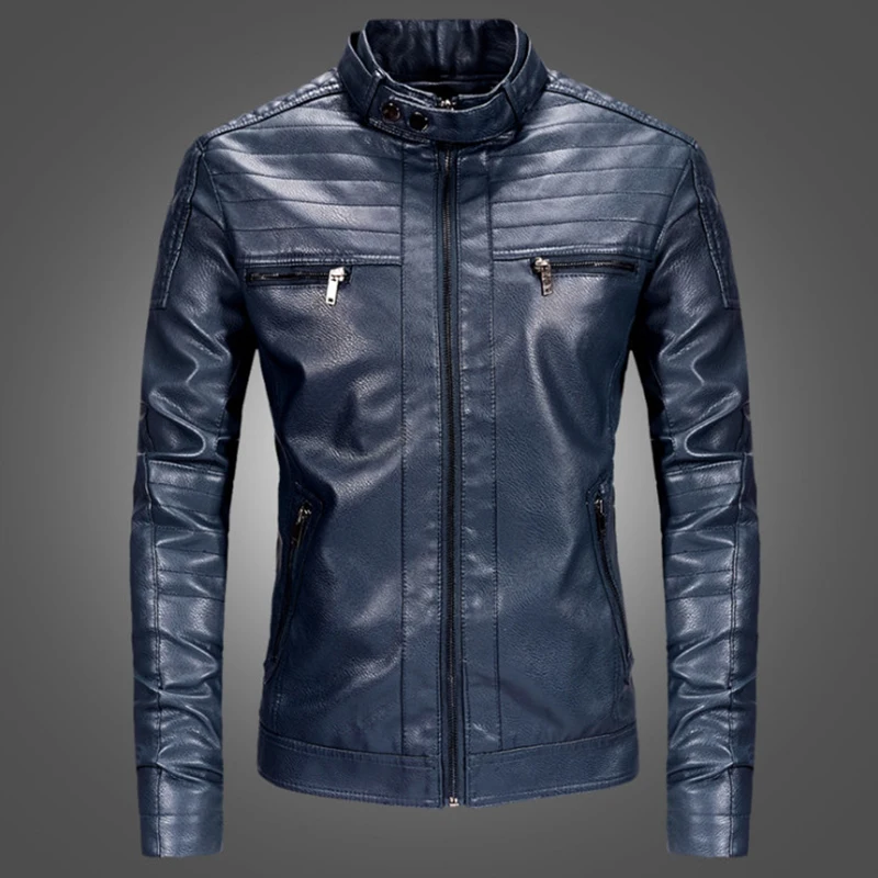 Новый Для мужчин Кожаная куртка Модные Черные мотоциклетные кожаная Slim Fit