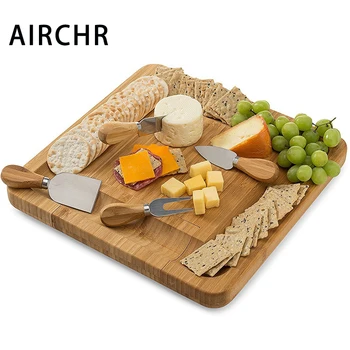 

100% Natural Bamboo Cheese Board Set with Cutlery Set and Slide-out Drawer BPA-Free