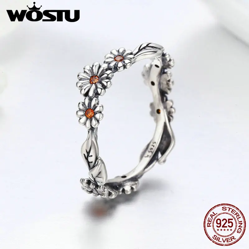 

WOSTU Hot Sale 100% 925 Sterling Silver Twisted Daisy Flower Female Finger Rings for Women Wedding Silver Jewelry Anel BKR298