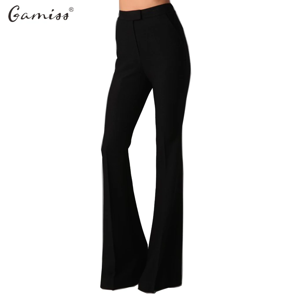 Gamiss 2017 New Fashion Style Button High Waist Pants Woman Ultra-Wide-Leg Trousers Black Thin Bell-Bottom Full Length Trousers