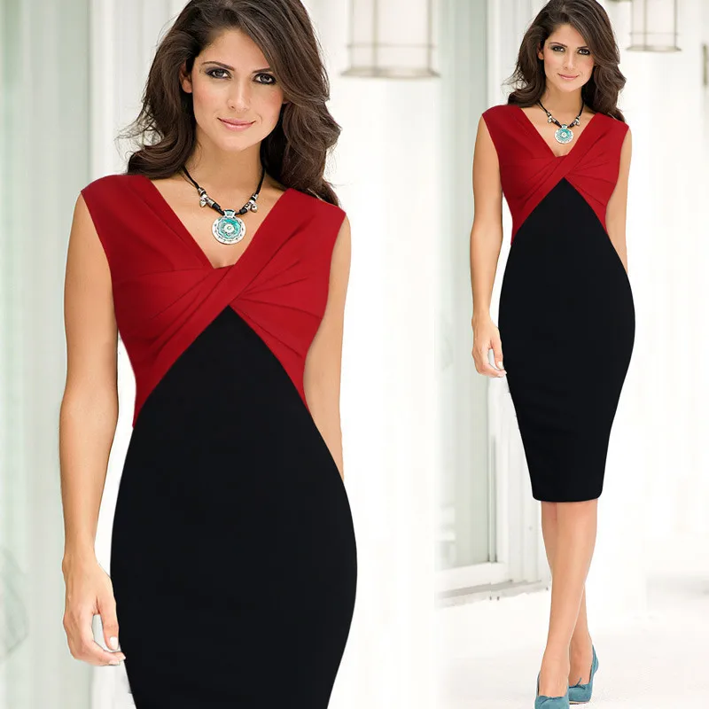 

Women's Office Women Vintage Summer Solid Deep V Neck Party Bodycon Dress Women Summer Knee Length Slim Pencil Dress 0024