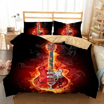 

Bass Guitar Bedding Set 3D Printed Duvet Cover Set Fire And Water Bedclothes 3-Piece Music Vivid quilt cover sets Home Textiles
