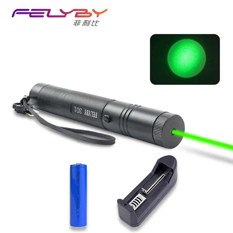 

Free Shipping! FELYBY Professional Low Power 5mW 301 Green Laser Pen Sets with Adjustable Rechargeable 18650 Battery and Charger