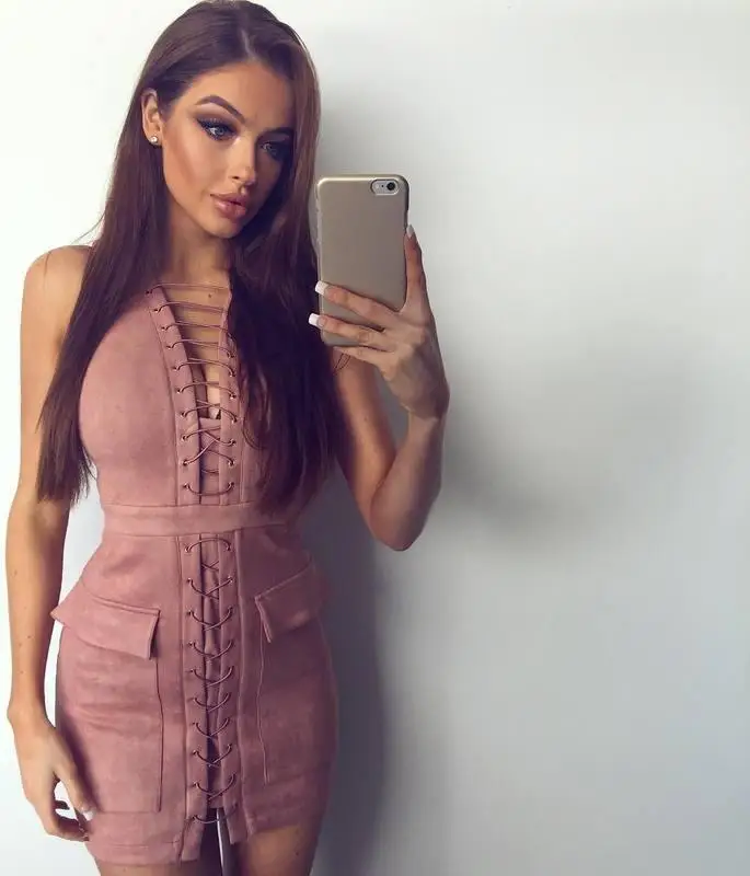 

Fashion Women Dress Pink Sleeveless Lace Up Mini Bandage Dress Night Party Dress