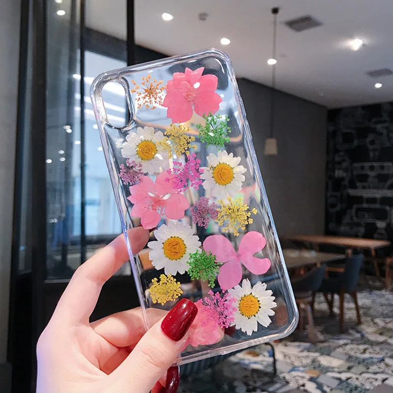

Luxury Real Flowers phone case for iphone X XS Max XR Cases For iphone 8 Plus 6 6s 7 Cover Fashion Glossy Floral Cute Capa Coque