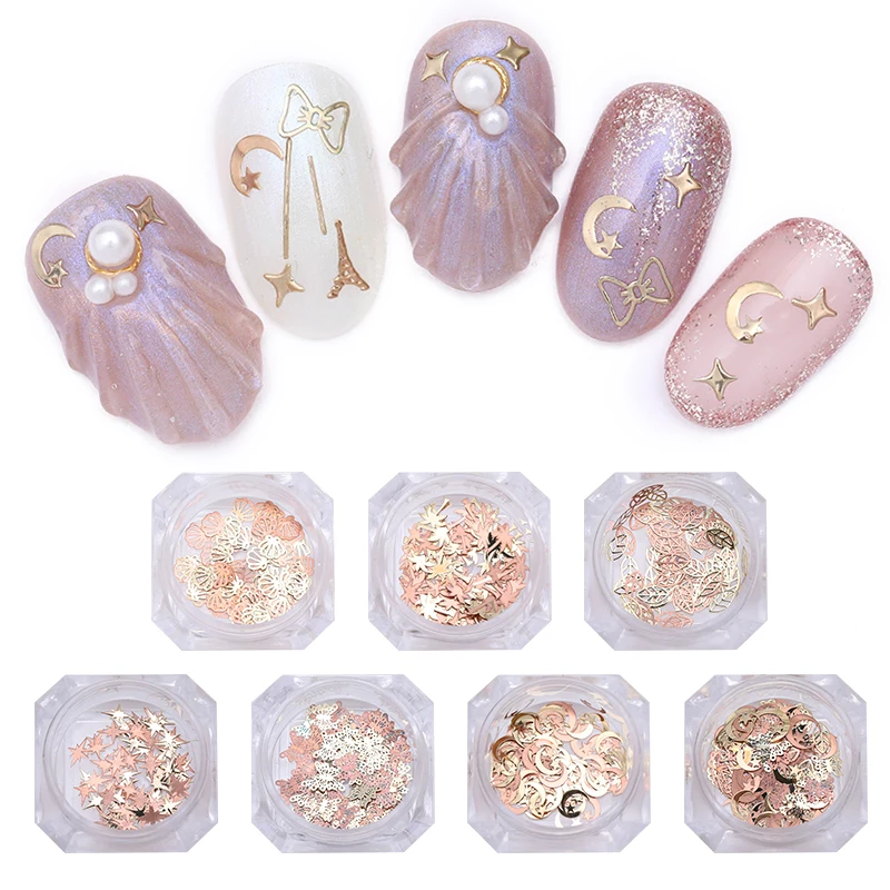 

100Pcs/ Box Metal 3D Stud Nail Art Decorations Hollow Nail Rivets Moon Star Tree Ultra Thin Accessories