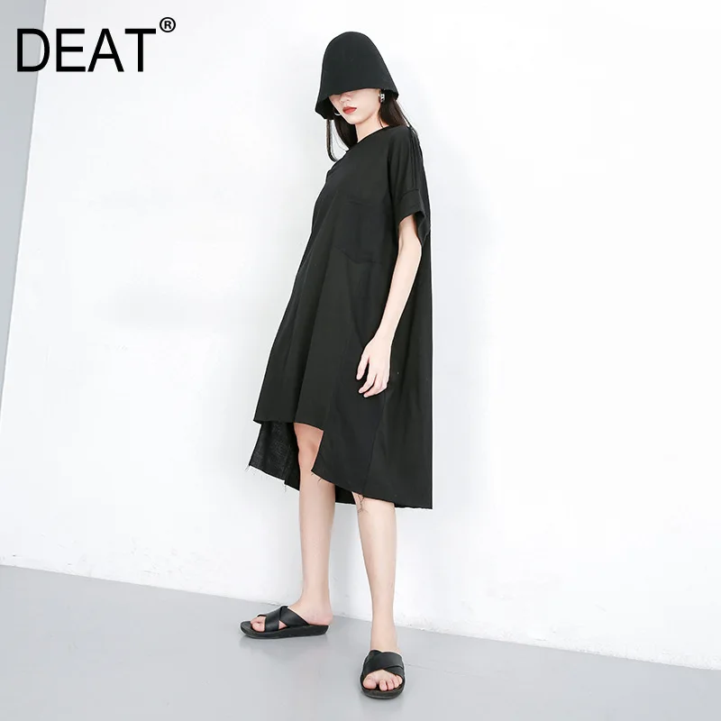 

[DEAT] 2019 New Spring Summer Round Neck Half Sleeve Black Hem Irregular Split Joint Loose Big Size Dress Women Fashion JW07