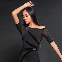 Женские рубашки для бальных танцев, латинских танцев, черные, короткий рукав, сексуальный сетчатый топ для латинских танцев для дам, Румба ча Самба, тренировочная одежда DQS1852