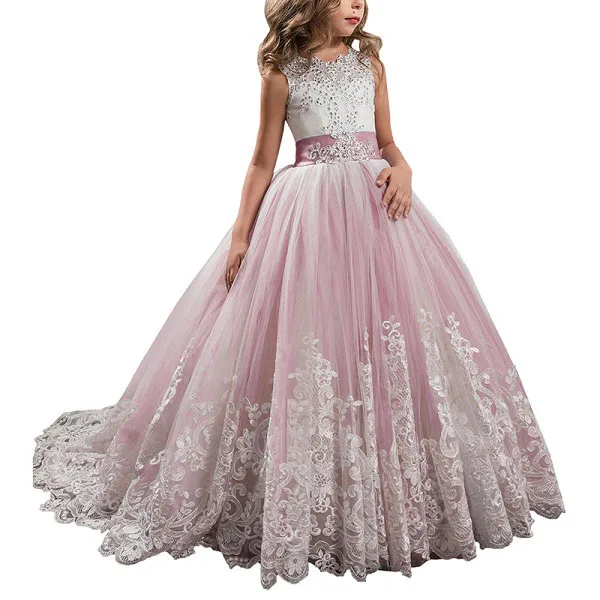 Платья с цветочным узором для девочек на свадьбу, кружевное платье с вышивкой и бусинами и бантом, платье для выпускного бала для девочек - Цвет: blush pink