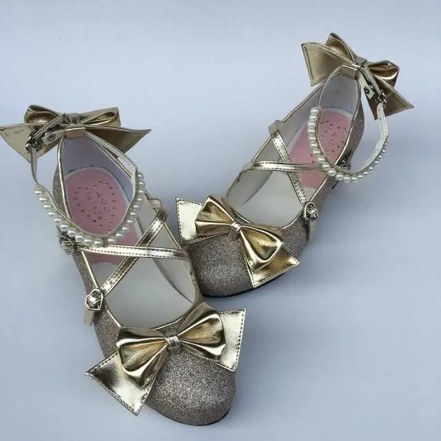 Womens-Shiny-Black-Silver-Sequin-Pumps-Bow-Strap-Cross-Pearl-Ankle-Strap-Princess-Lolita-Shoes-Custom-Tailor-Available- 6