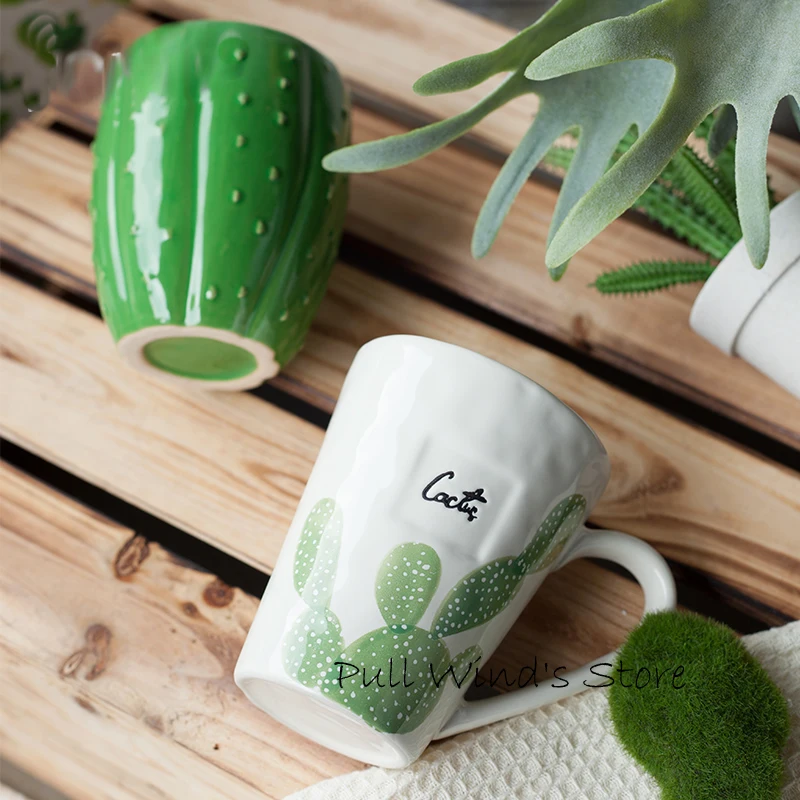 

Concise Art Cactus Ceramic Cup Exquisite pastoral style ceramic mug Plant pattern cups