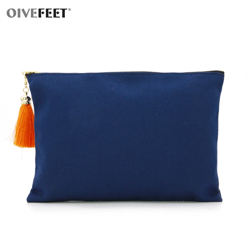 

OIVEFEET LGC199,Plain Blue Cotton Canvas Cosmetic Bag Rayon Tassel Gold Zipper Makeup Pouch Cotton Clutch Handbag 4 colors