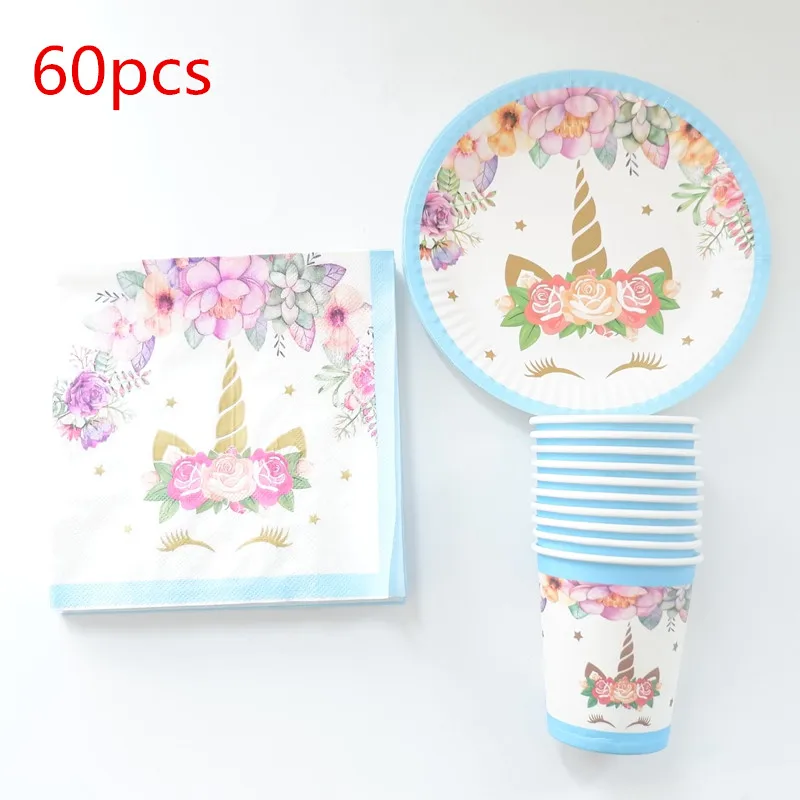 

60PCS Disposable Cartoon Unicorn Party Set Tableware Paper Cup Plate Napkins For 20 Kids Birthday Party Decoration Supplies