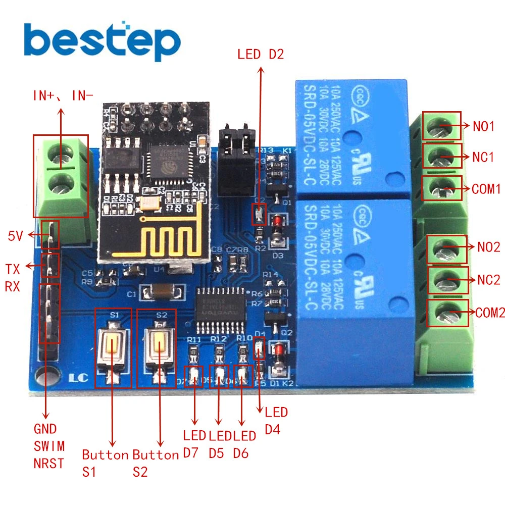 5V WIFI Relay Module ESP8266 Remote Control Switch Smart Home APP 2 Channel Road